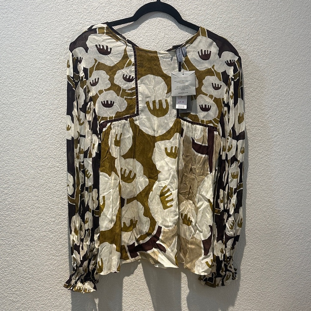 Blank London Abstract Floral Long Sleeve Blouse in Olive, Cream & Brown size M